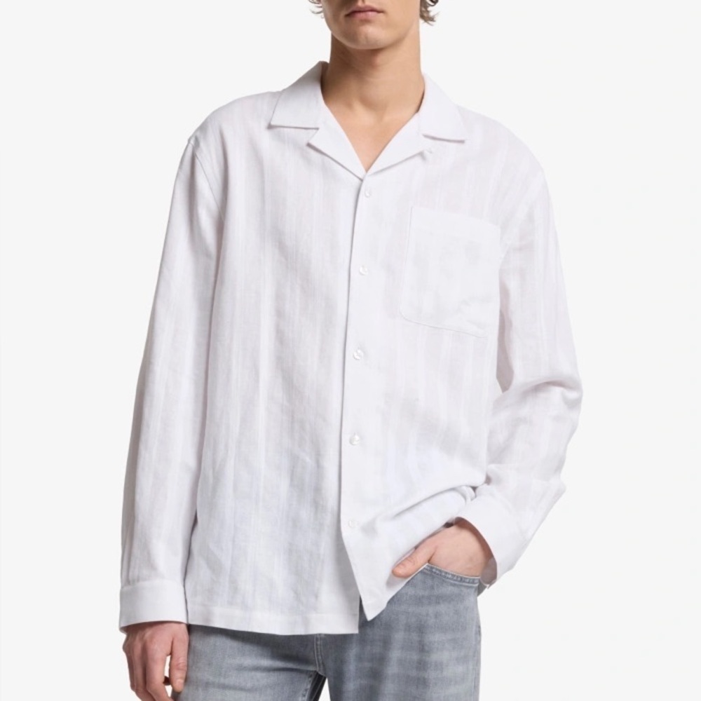 7 for all mankind LONG SLEEVE CAMP SHIRT TEXTURED LINEN BLEND WHITE